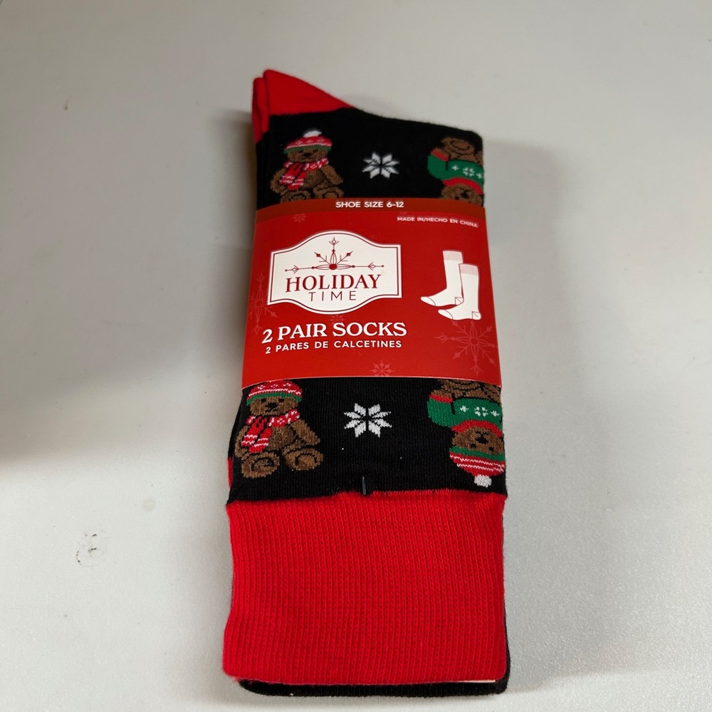 Holiday Time Christmas Socks 2-Pair Teddy Bear Red Black Shoe Size 6-12 NWT